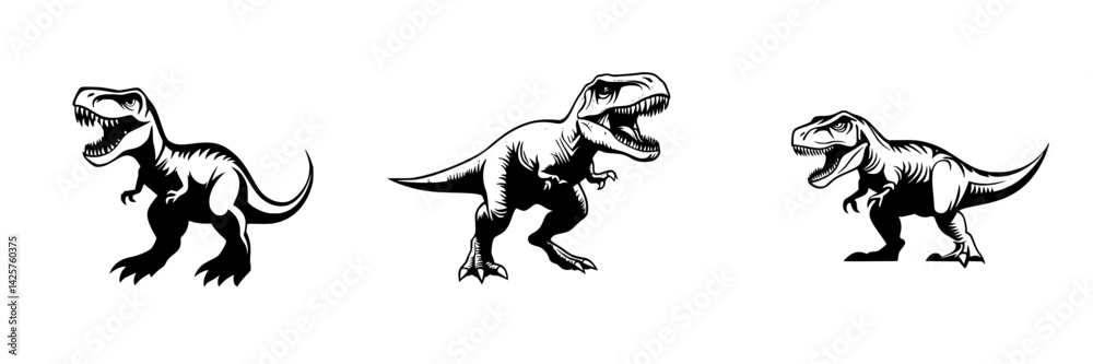 Set of three black dinosaur icons featuring unique poses and expressions for various design applications Set of three black dinosaur icons featuring unique poses and expressions for various design applications