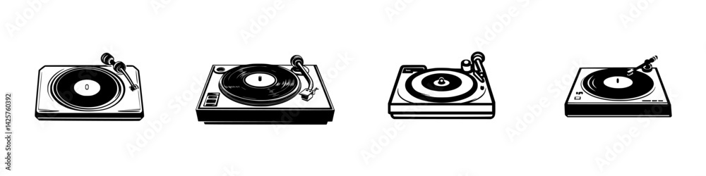 Set of black turntables showcasing different styles and designs for music enthusiasts and DJs at various venues Set of black turntables showcasing different styles and designs for music enthusiasts and DJs at various venues