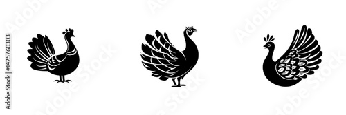 Illustrative design featuring three distinct black icons of birds in different postures representing peacocks and a hen
