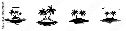 Stylized black icons of tropical islands with palm trees against a white background