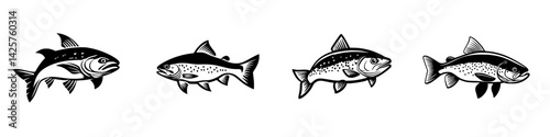 Set of black fish icons displaying various styles and designs in a minimalistic approach suited for digital projects