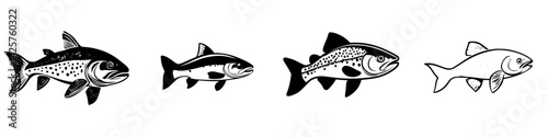 Set of black fish icons depicting various freshwater species in minimalist style for design projects