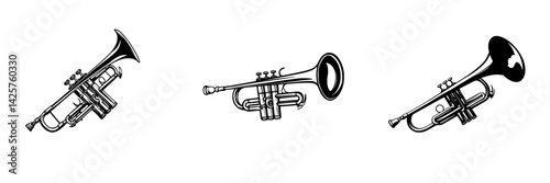 Set of black musical icons featuring three distinct trumpet designs used in various genres of music