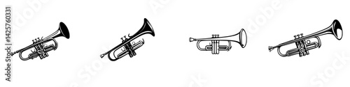 Collection of black trumpet icons showcasing different angles for musical design and illustration uses