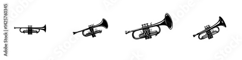 Various black trumpet icons displaying different sizes and shapes, suitable for musical design and illustration purposes