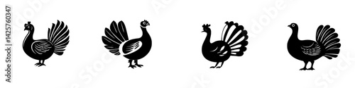 Set of black icons depicting various stylized turkey silhouettes in different poses and orientations