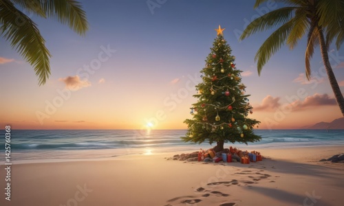 Wallpaper Mural Lush tropical beach, solitary Christmas tree adorned with lights and ornaments ,  sand,  holiday Torontodigital.ca