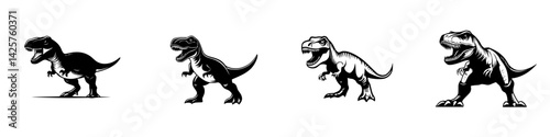 Black icon illustrations of dinosaurs in various poses and styles representing a classic T-rex