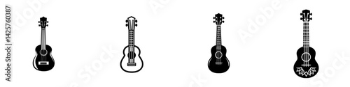 Set of four black icons depicting various guitar designs arranged horizontally, showcasing different styles without color