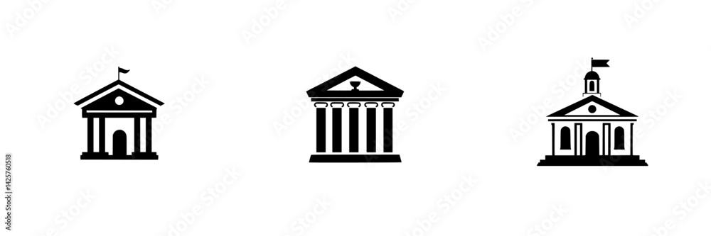 Black icon set featuring three distinct architectural designs representing civic, historical, and educational buildings Black icon set featuring three distinct architectural designs representing civic, historical, and educational buildings