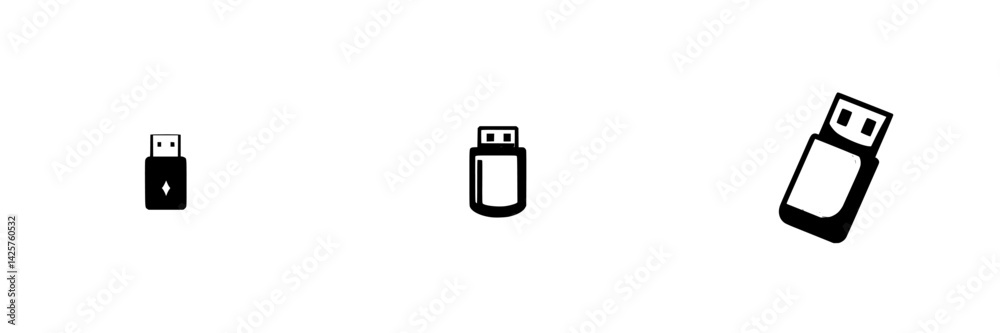 Set of black USB icons displaying various styles and designs against a light background Set of black USB icons displaying various styles and designs against a light background