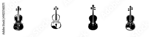 Black icons of violins showcasing different styles and perspectives in a minimalistic design suitable for artistic representation