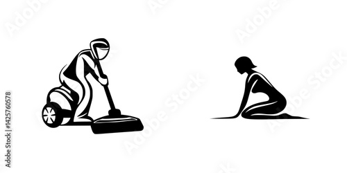 Set of black icons showing a street cleaner operating a machine and a person in a kneeling position