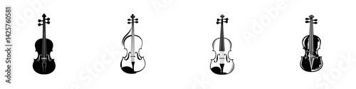 Various black icons of violins showcasing multiple designs and perspectives, perfect for musical themes and artistic projects