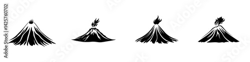 Multiple black icons representing volcanic eruptions with varying flame intensities and smoke patterns in a minimalist design