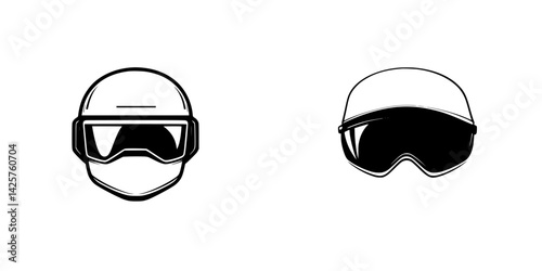 Black icon set featuring ski helmets and goggles for winter sports enthusiasts, showcasing safety gear for snow activities and outdoor adventures
