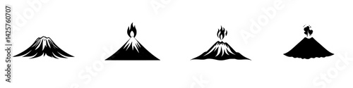 Set of black icons representing various volcano designs showcasing different eruption styles and shapes