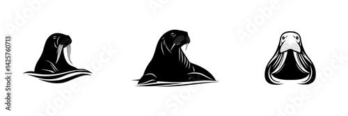 Unique black icon designs featuring stylized walruses in various poses and expressions for creative projects and branding