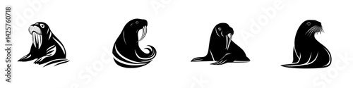 Artistic black icons depicting various walrus poses and features in a minimalist style suitable for design projects and educational materials