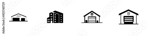 Set of black icons depicting various types of buildings and structures for design and branding purposes