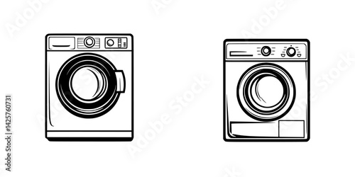 Stylish black icons of washing machines showcasing modern design and simplicity in a minimalistic style for home appliances