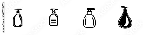 Collection of black icon designs featuring various pump bottles for use in personal care product illustrations