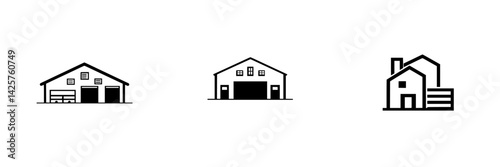 Set of black icons showcasing various styles of houses with simple and clean designs suitable for modern graphic applications
