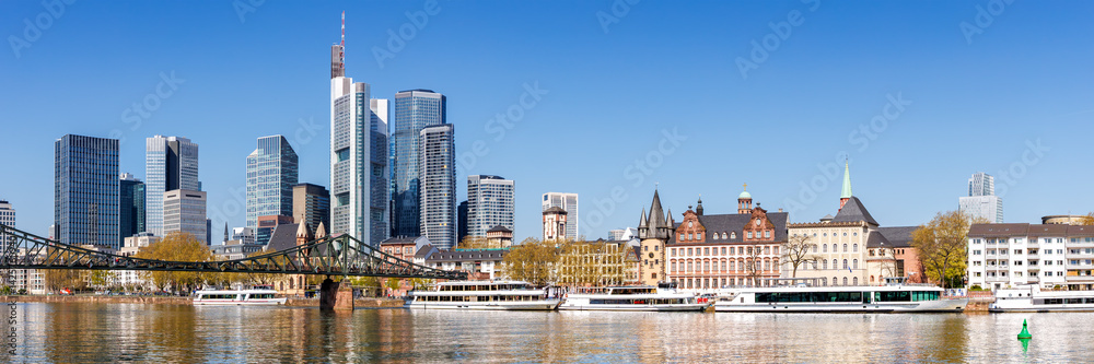 Frankfurt skyline skyscrapers panorama with banks on River Main with excursion boats in Frankfurt, Germany