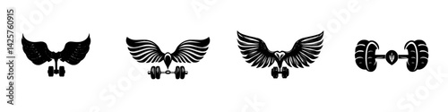 Black icons of wings and weights representing fitness, strength, and motivation for workout enthusiasts and gym lovers
