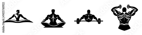 Silhouetted black icons representing different fitness poses and weightlifting activities in a minimalist design