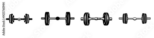 Set of black icons depicting various weights and bars for strength training and weightlifting activities