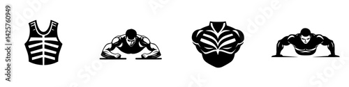 Black icon set featuring workout related designs including push-up and body armor illustrations