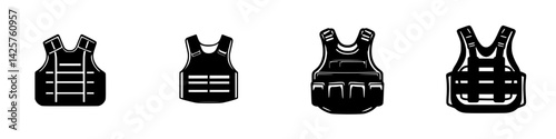 Various black icons of protective vests displayed in a row representing different styles and designs for protective gear