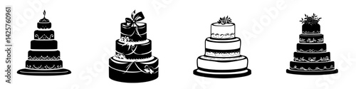Various elegant black icons of wedding cakes and pastry designs displayed in a row for graphic design use