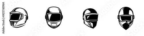 Four variations of racing helmets displayed in a sleek black icon style for motorsport enthusiasts