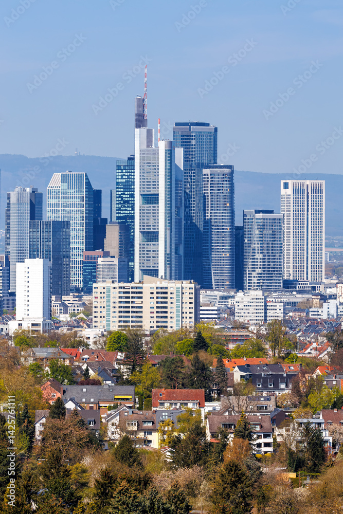 Frankfurt skyline skyscrapers with banks from above portrait format in Frankfurt, Germany