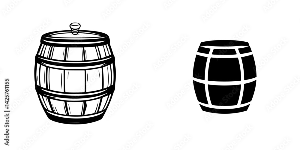 Black icon set featuring two distinct barrel designs with intricate detailing suitable for various graphic applications Black icon set featuring two distinct barrel designs with intricate detailing suitable for various graphic applications