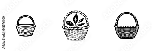 Set of three black basket icons showcasing different designs and styles for decorative and functional use