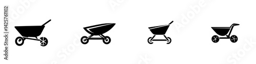 Variety of black icons representing different types of wheelbarrows and carts for construction and gardening applications