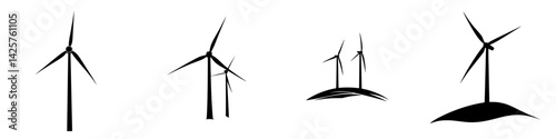 Set of black wind turbine icons representing renewable energy sources and sustainable technology