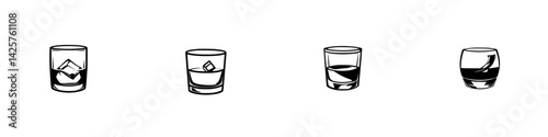 Set of black icons depicting various styles of drinks served in glasses with different levels of liquid and ice