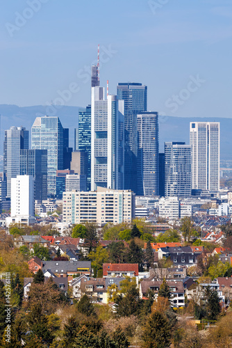 Obraz na płótnie Frankfurt skyline skyscrapers with banks from above portrait format in Frankfurt, Germany w salonie