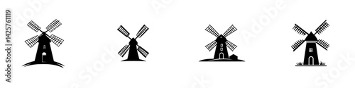 Set of black windmill icons featuring multiple styles and designs with varied structures and blades