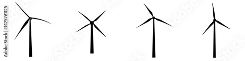 Four black wind turbine icons showcasing renewable energy sources and sustainability in modern design