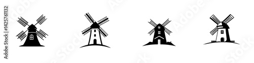 Set of black icons featuring various windmills in a simplistic design suitable for digital use