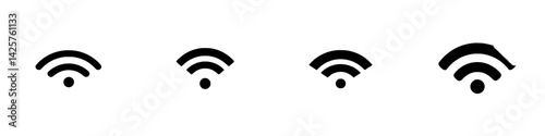 Set of black icons representing Wi-Fi signal strength with varying intensity levels on a plain background