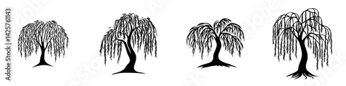 Collection of black willow tree icons showcasing various shapes and styles in a minimalistic design for graphic use