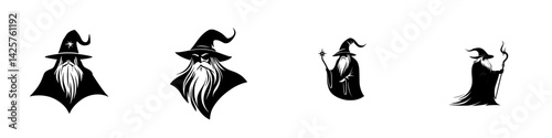 Diverse collection of black icons depicting wizards with different poses and elements showcasing magical themes