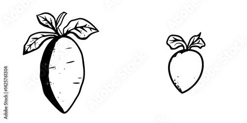 Set of black icons representing different sizes of radishes with leaves, perfect for design elements or illustrations