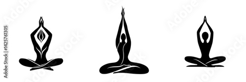 Elegant black yoga icons showcasing various poses for wellness and mindfulness practices in simplistic design